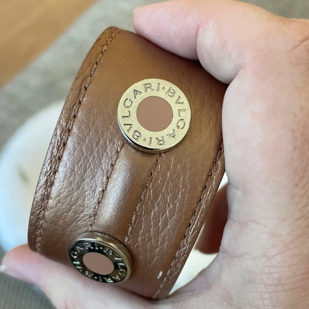 BVLGARI Brown Leather Logo Cuff Bracelet Gold & Silver Tone Size M Italy Luxury
